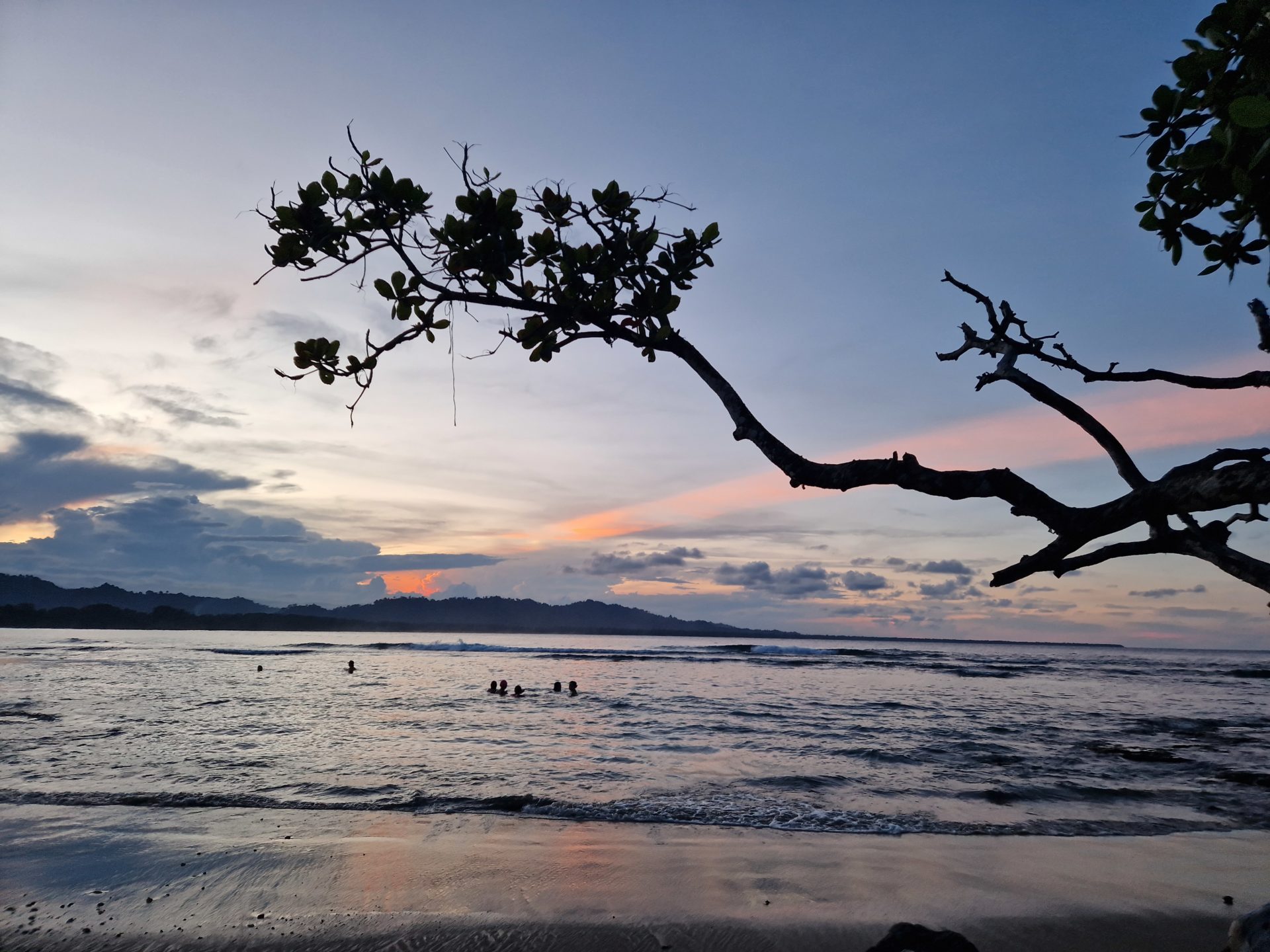 Foto collega Lisa van strand in Costa Rica, Puerto Viejo met zonsondergang en palmbomen