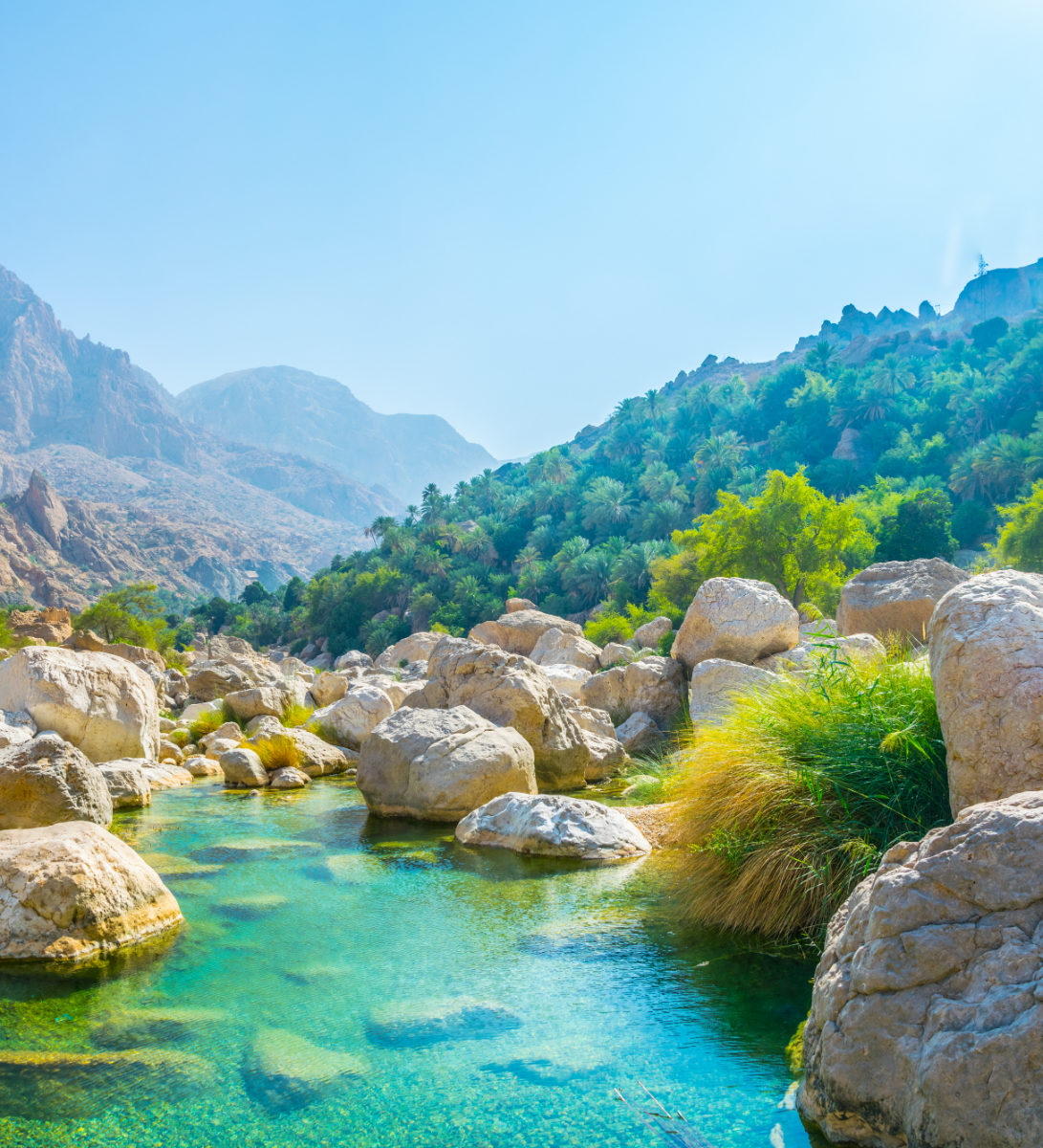 rondreis oman, wadi tiwi Oasis met bergen