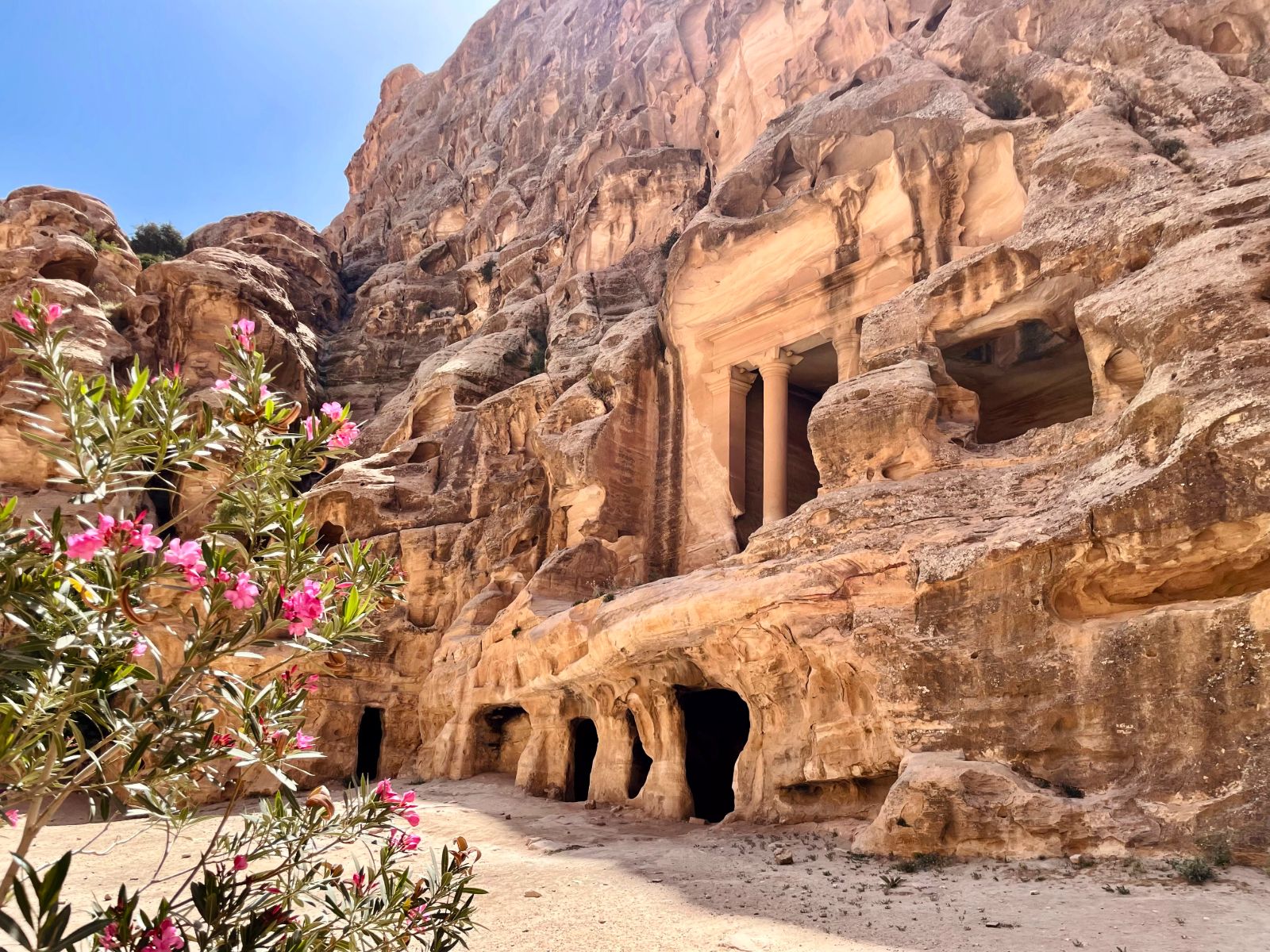 Rondreis Jordanië, Little Petra, tempel met bloemen