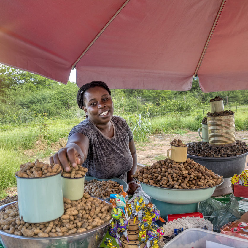 Rondreis Botswana, kleurrijke markt met vrouw