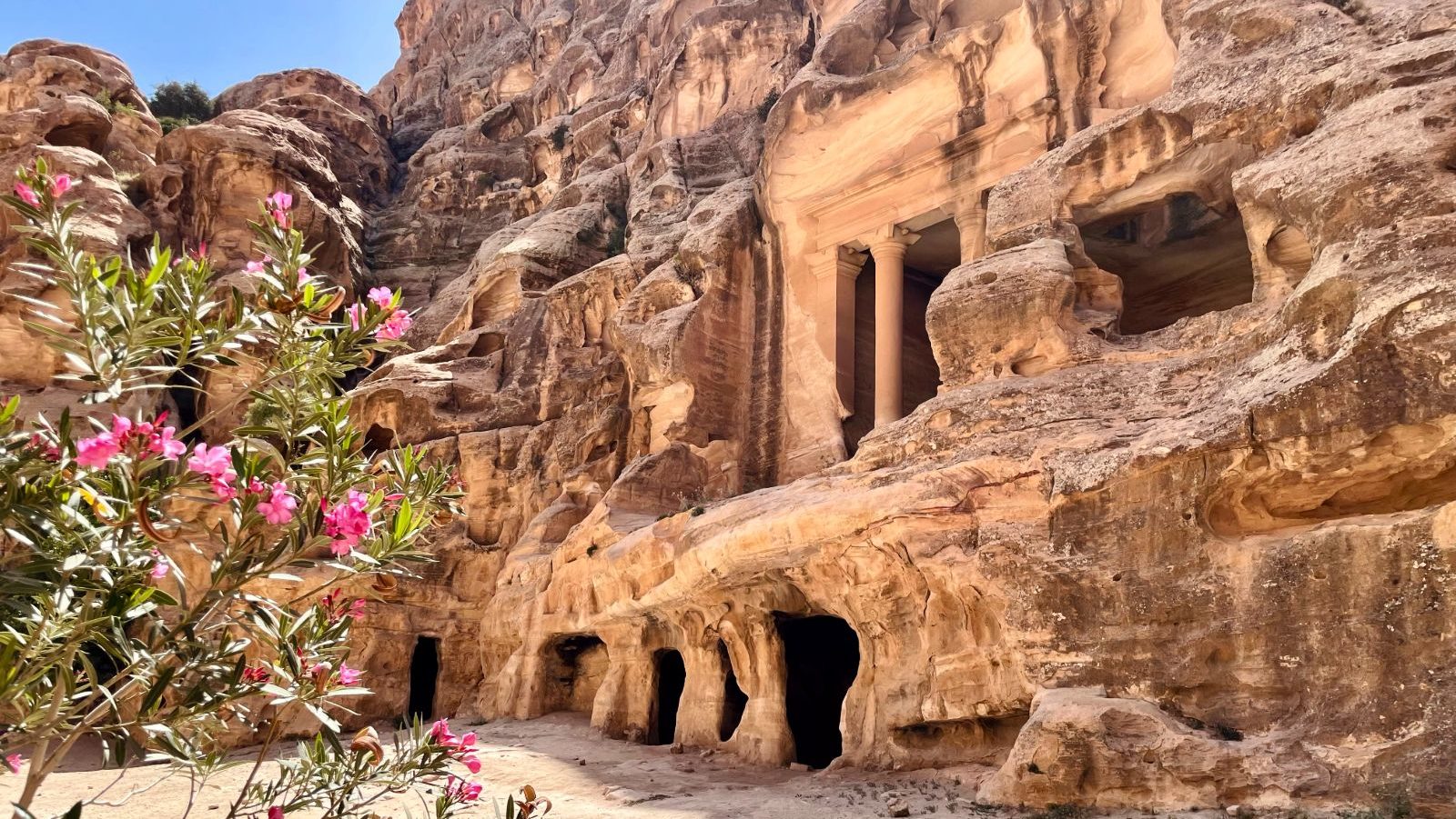 Rondreis-Jordanie-Little-Petra-tempel-met-bloemen
