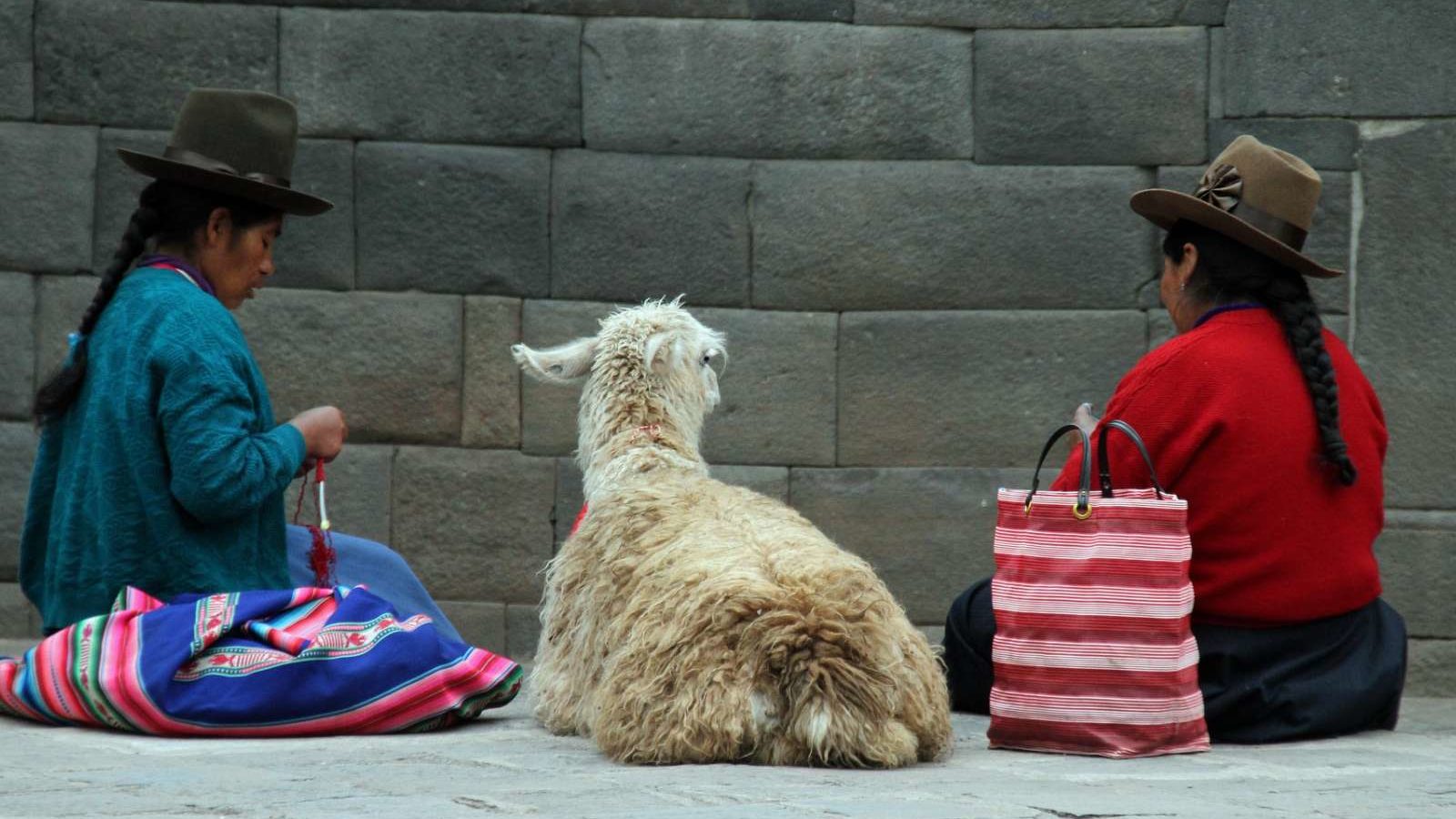 Rondreis Peru, Cusco, Alpaca naast twee vrouwen