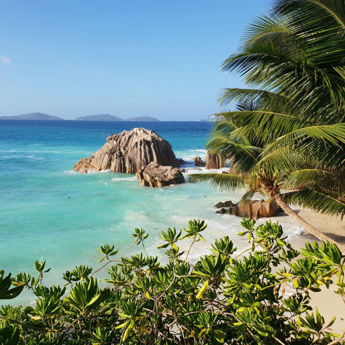 Rondreis Seychellen, La Digue, strand met palmbomen en rotsen