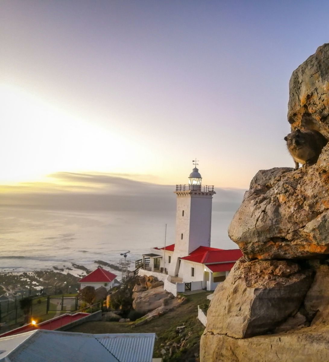 Rondreis Zuid- Afrika, Mossel Bay, vuurtoren, zee en haven vanaf achter de berg