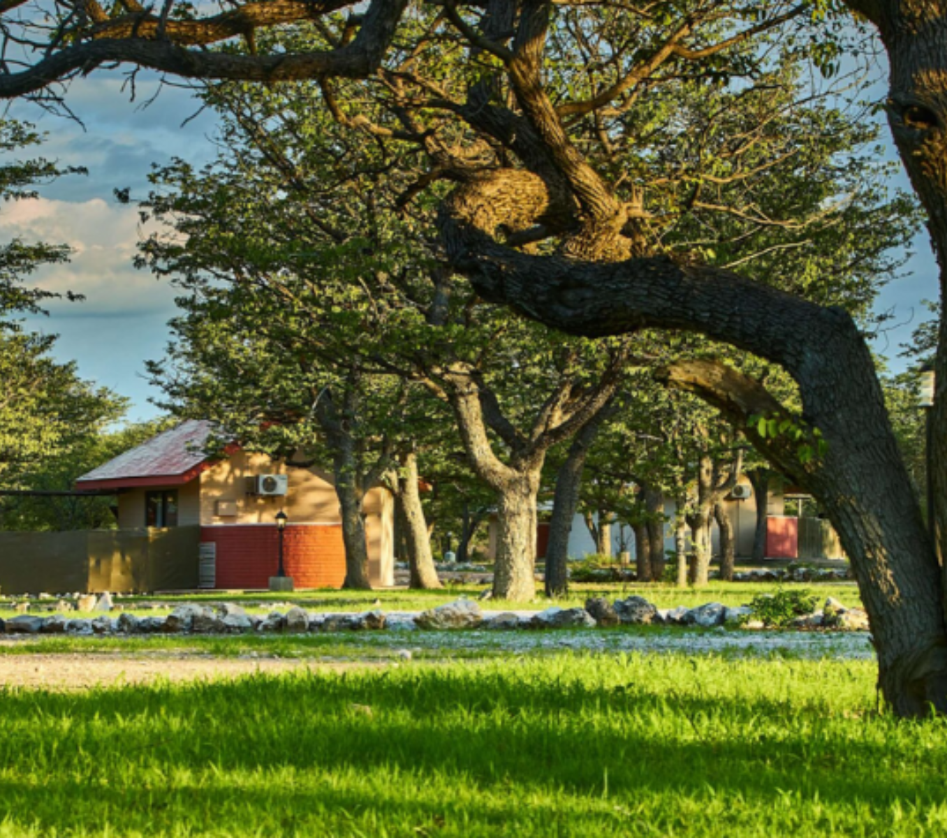 Rondreis Namibië, Etosha NP (Halali), Halali Resort, buitenaanzicht lodge