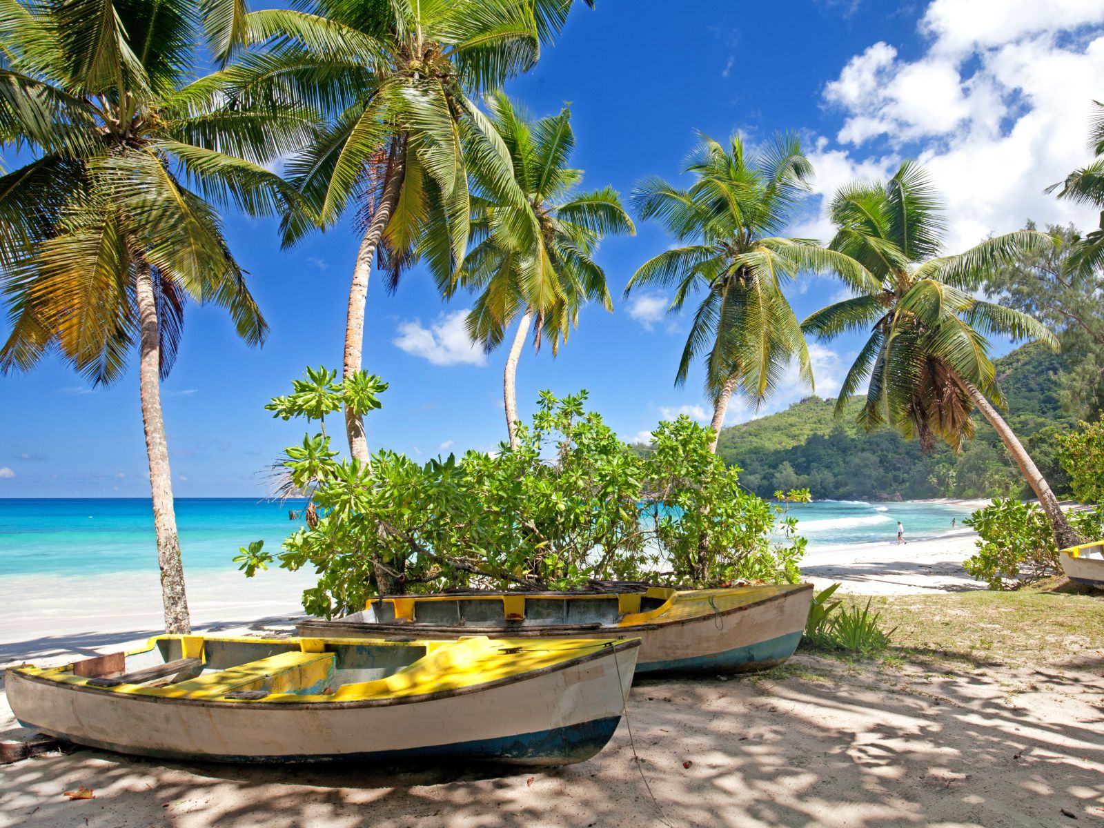 Rondreis Seychellen, Mahé, Takamaka Beach boten en palmbomen