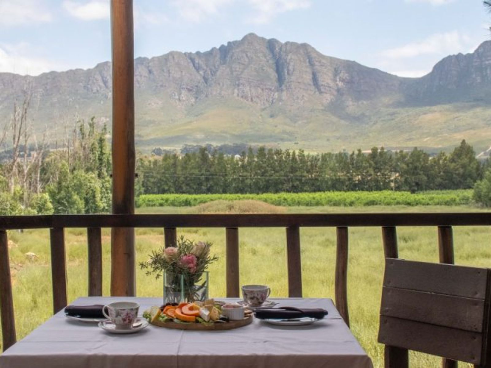 Rondreis Zuid-Afrika, Tulbagh, Vindoux Guest Farm, balkon met uitzicht