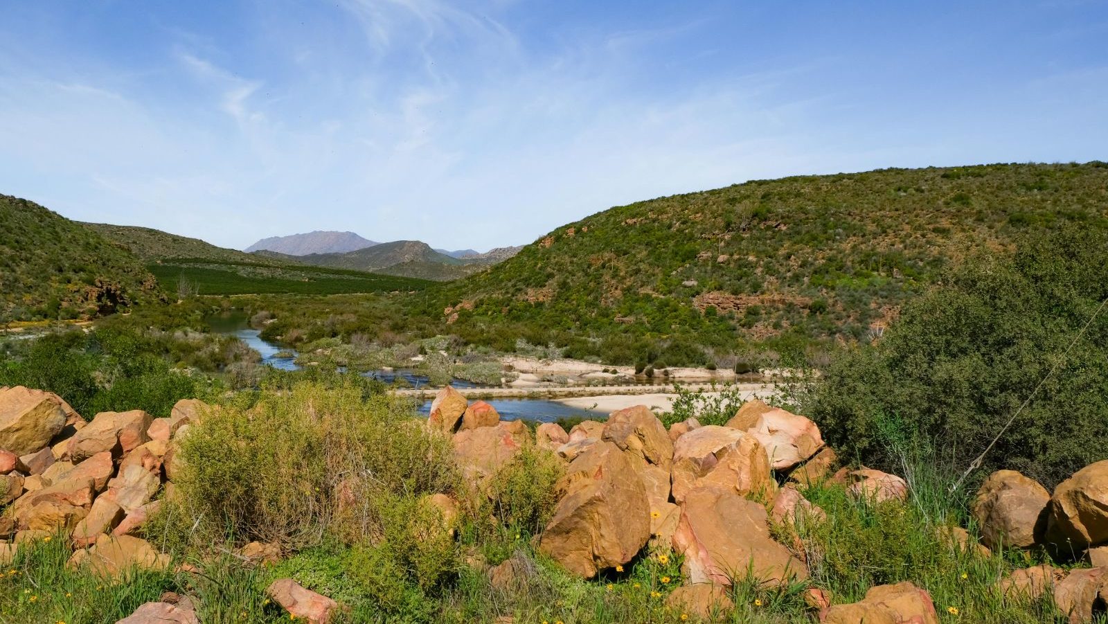 Rondreis Zuid-Afrika, Clanwilliam, rivier met brug en natuur