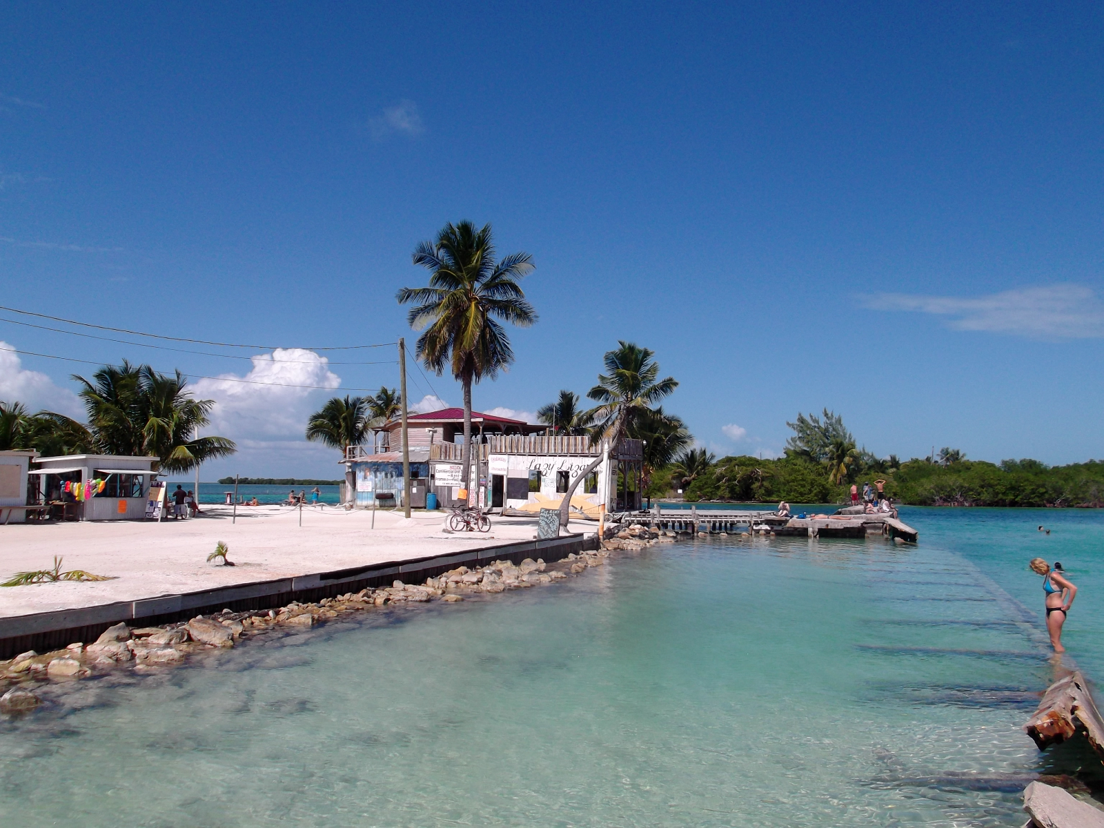 Rondreis Belize, Caye Caulker, kade met palmboom en zee