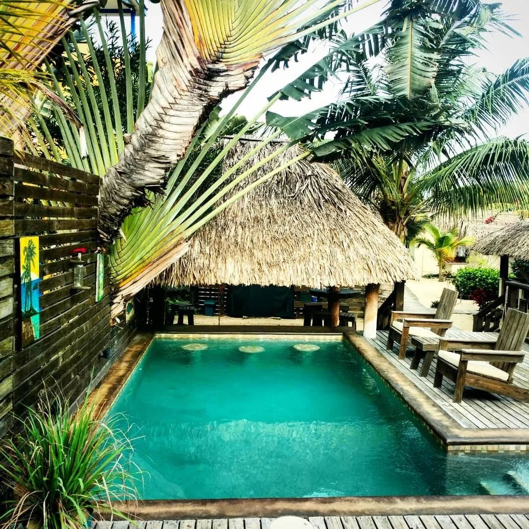 Rondreis Belize, Placenia, Carribean Beach Cabanas, zwembad met zitstoelen