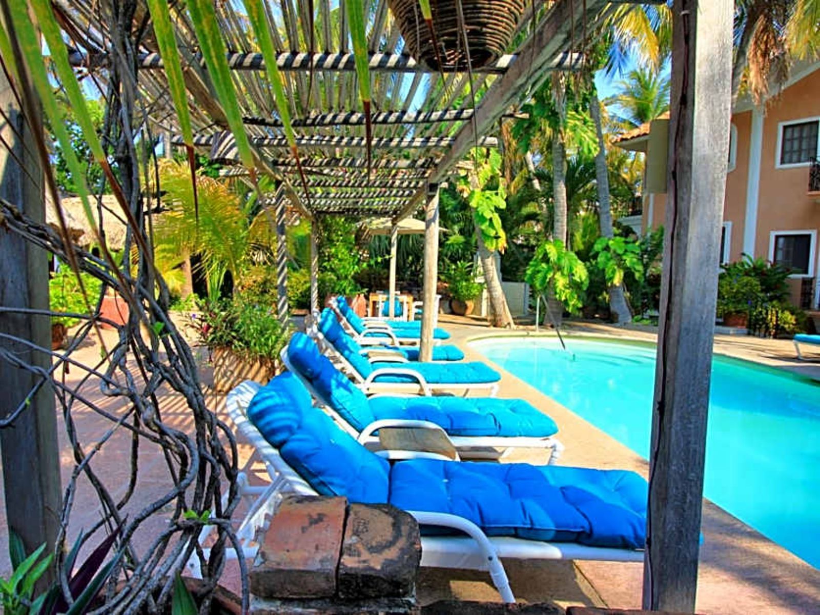 Rondreis Mexico, Puerto Escondido, Santa Fe, zwembad ligbedden