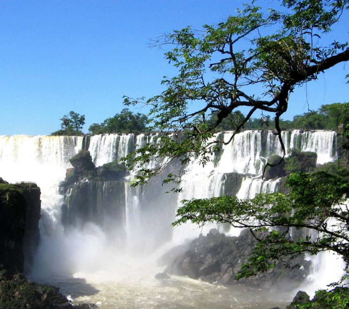 Rondreis Argentinië, Iguazu, excursie Braziliaanse zijde van de watervallen, watervallen met bomen op voorgrond