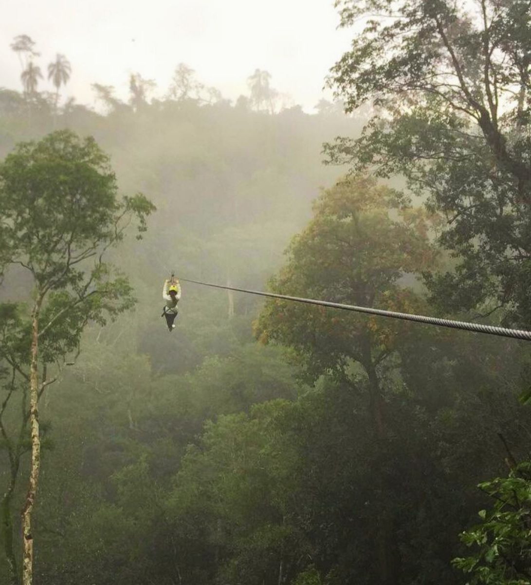 Rondreis Argentinië, Iguazu, excursie ziplinen en abseilen, ziplinen tussen boomtoppen met mist