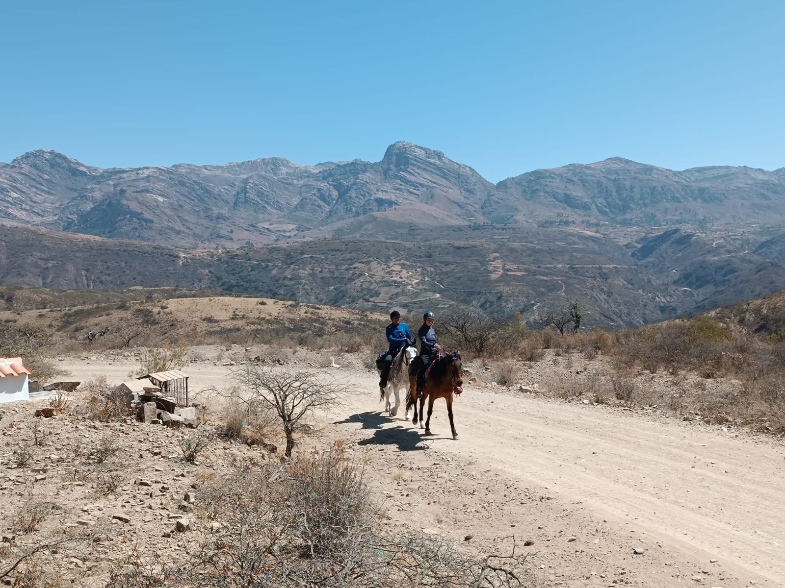 Rondreis Bolivia, Sucre, excursie te paard door de bergen rond Sucre, paardrijden op pad met blauwe lucht