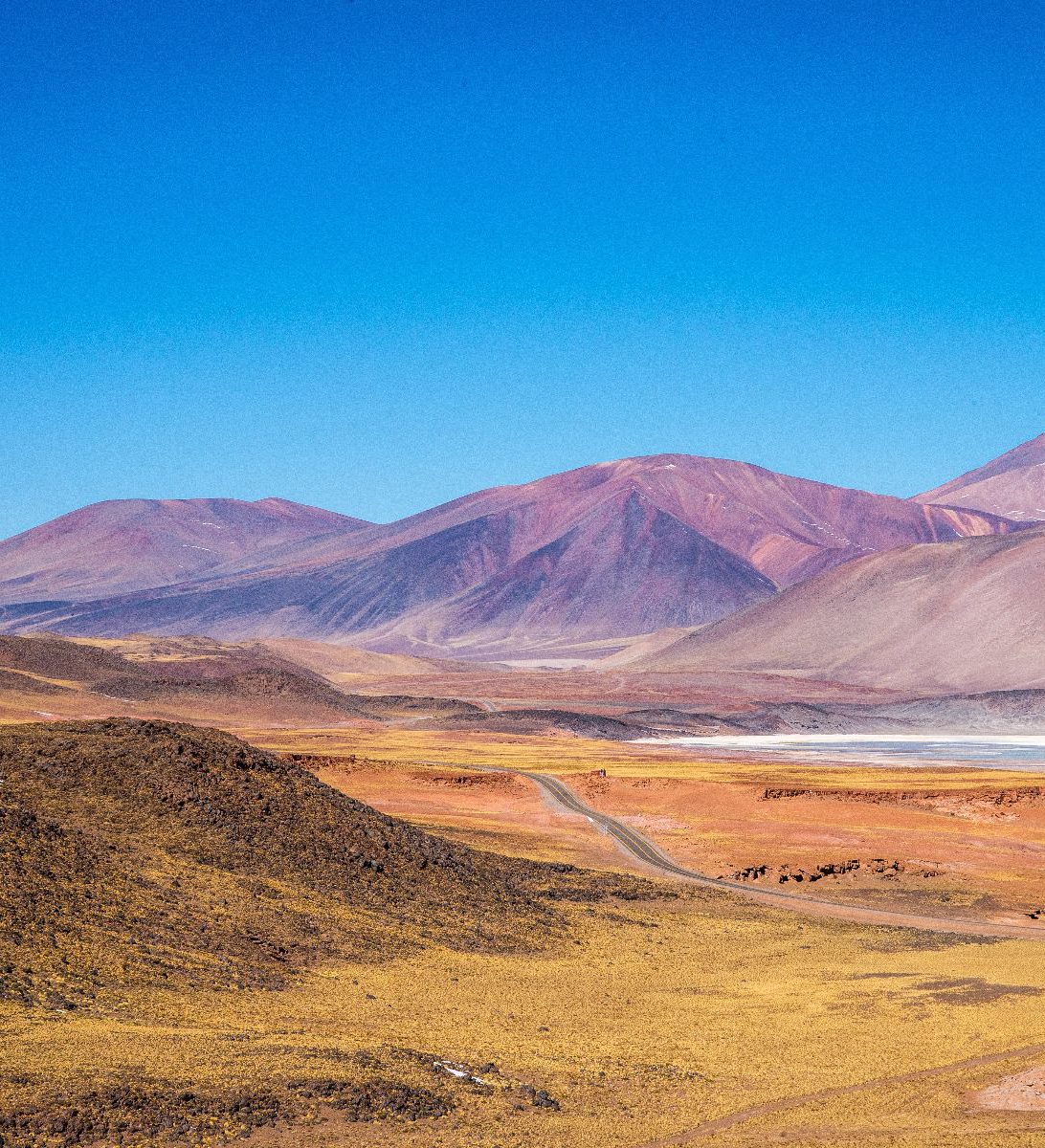 Rondreis Chili, San Pedro de Atacama, excursie Lagunas Altiplanicas zoutvlakte Atacama, landschap met blauwe lucht