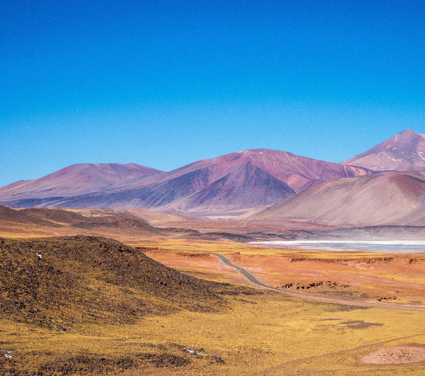 Rondreis Chili, San Pedro de Atacama, excursie Lagunas Altiplanicas zoutvlakte Atacama, landschap met blauwe lucht