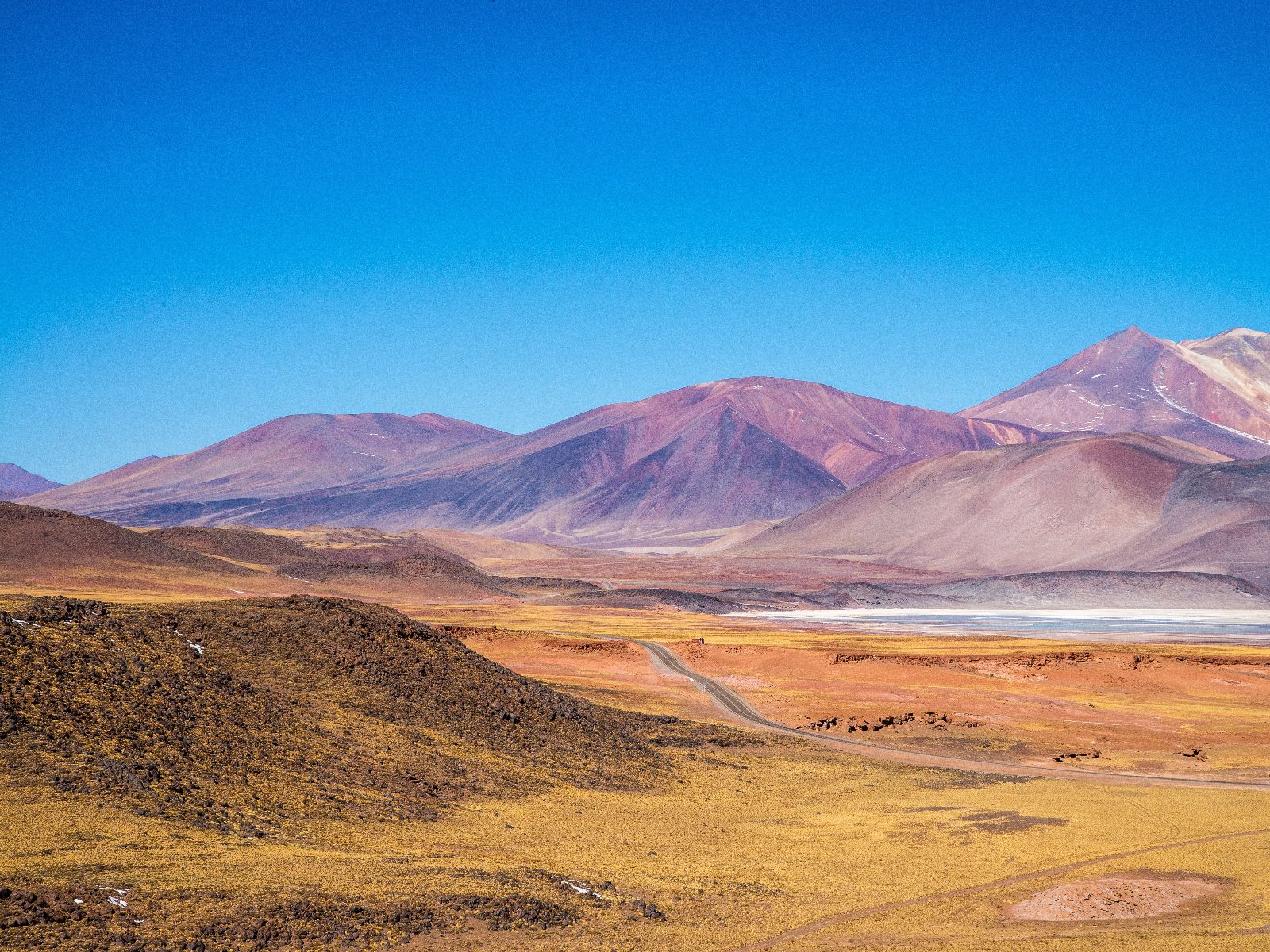 Rondreis Chili, San Pedro de Atacama, excursie Lagunas Altiplanicas zoutvlakte Atacama, landschap met blauwe lucht