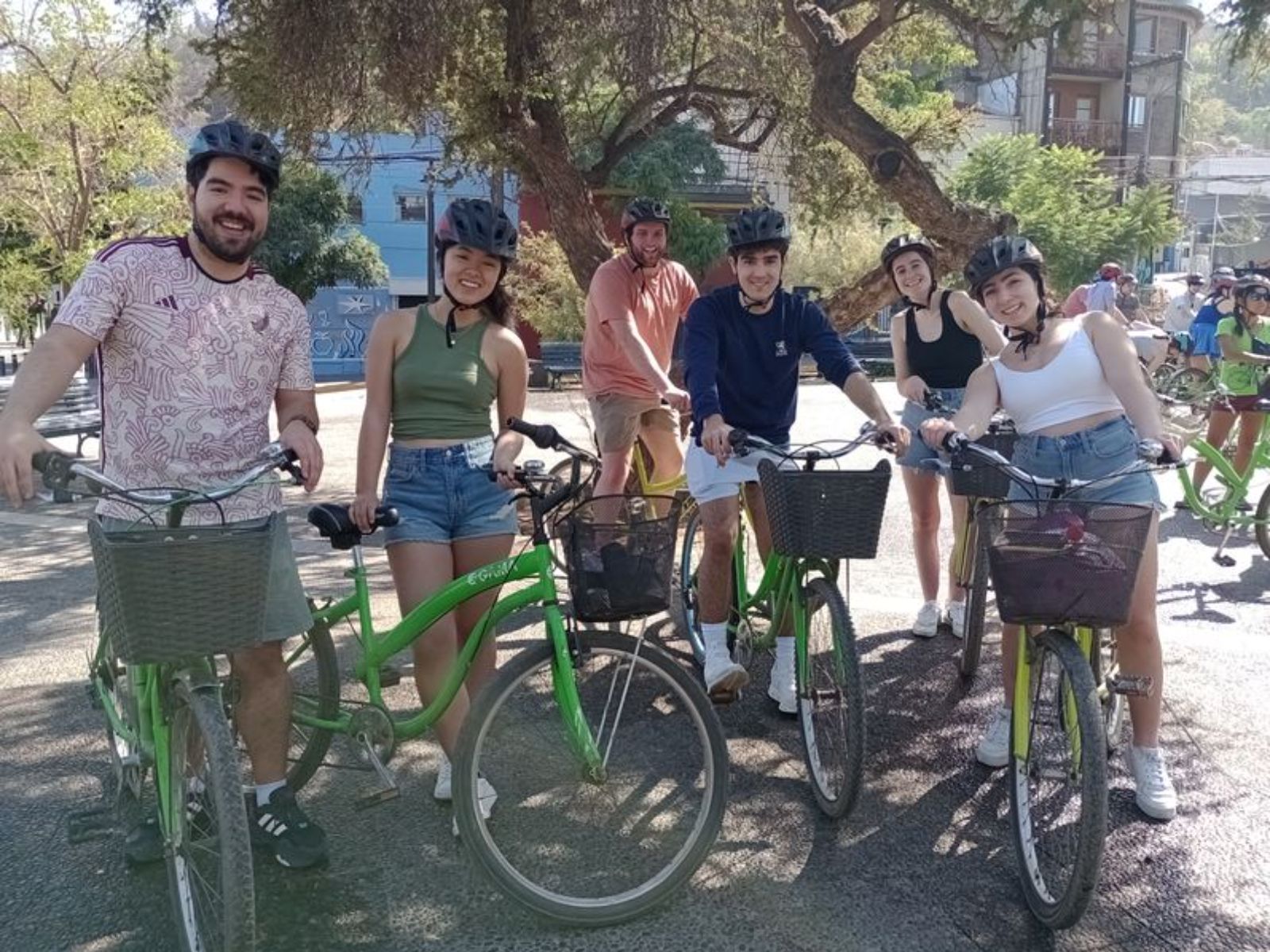 Rondreis Chili, Santiago de Chile, excursie op de fiets door Santiago de Chile, groep fietsers poserend