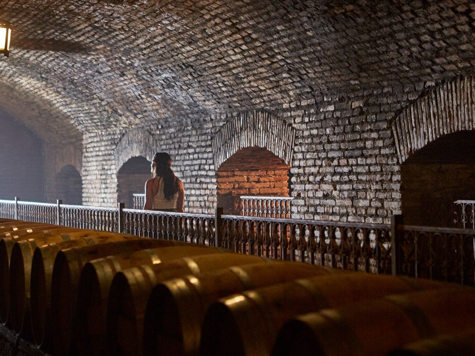 Rondreis Chili, Santiago de Chile, excursie wijnroute naar de Maipo Vallei, wijnglas met wijngaard op achtergrond, wijnhuis van binnen