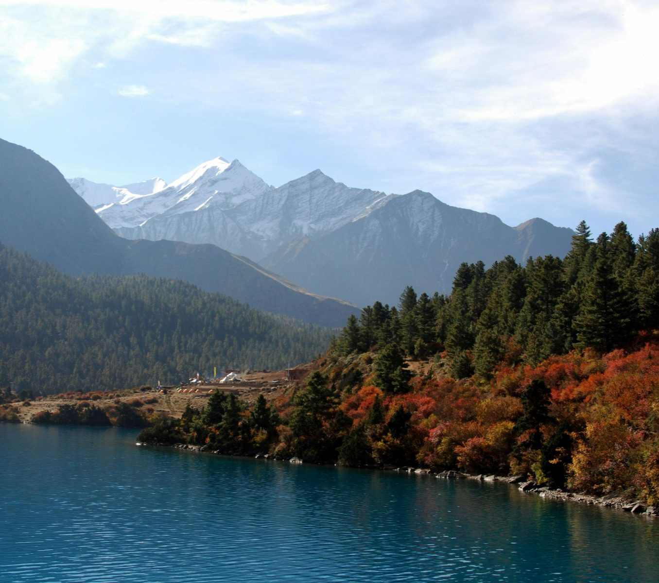 Rondreis Nepal, Dolpo Regio, Phoksundo Lake bomen met rode bladeren en de bergen op de achtergrond