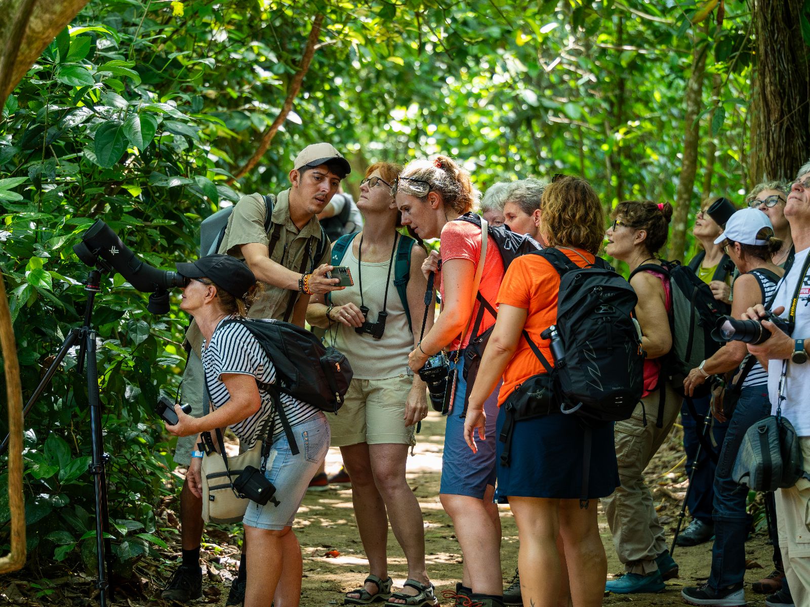 Rondreis Costa Rica, San Gerardo de Dota, Excursie Quetzel Tour, groep mensen met camera's en verrekijkers