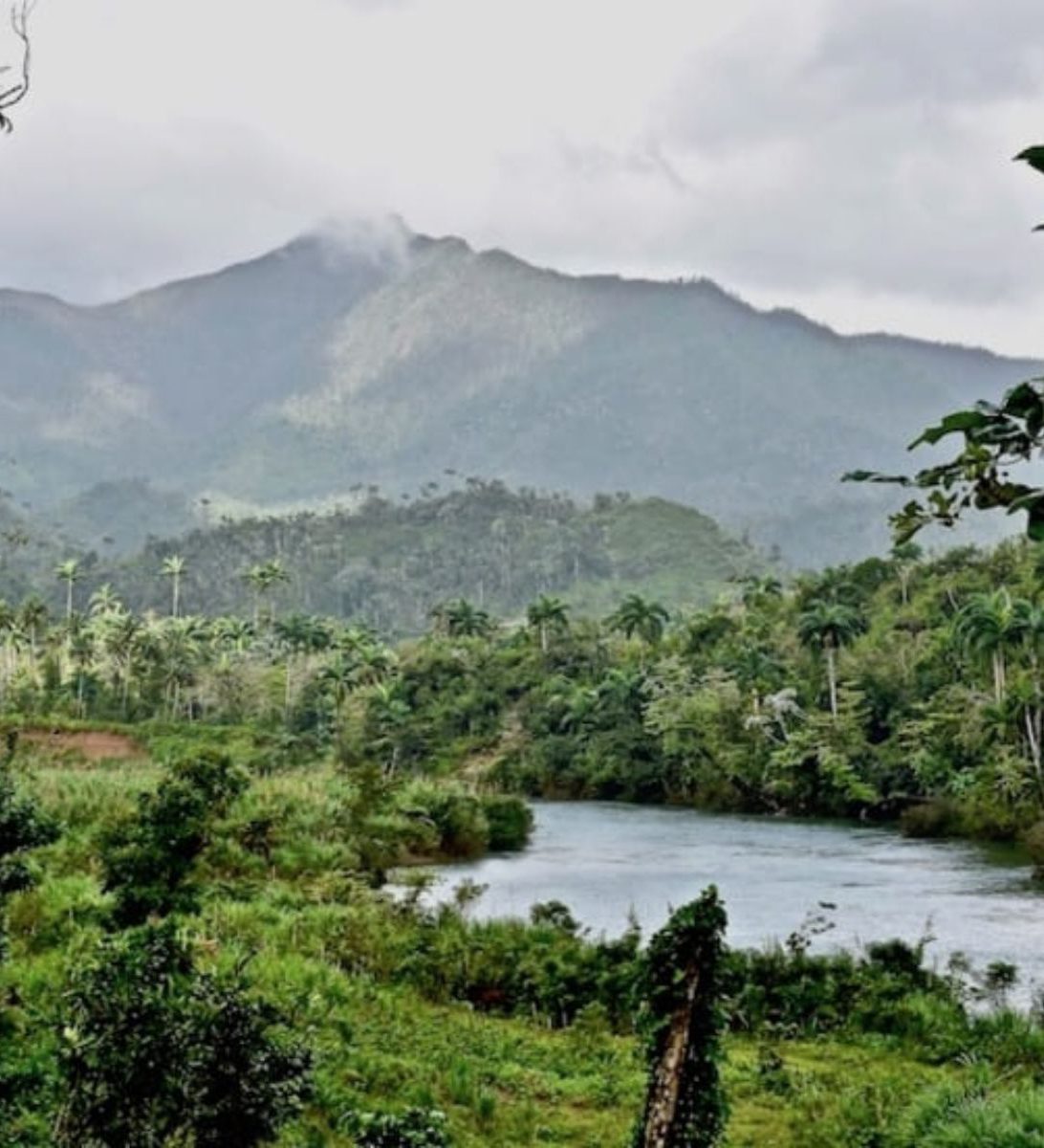Rondreis Cuba, Baracoa, Hiken Cuchillas del Toa, rivier met berg op achtergrond