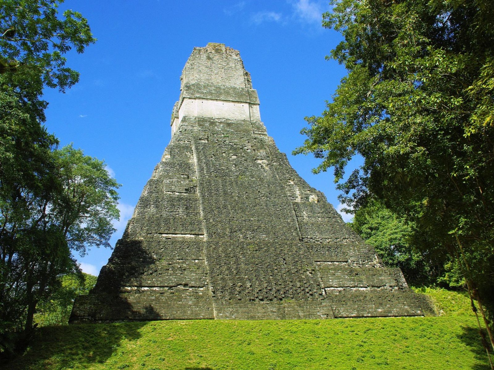 Rondreis Guatemala, Flores, excursie zonsopkomst in Tikal, ruïne met gras rondom
