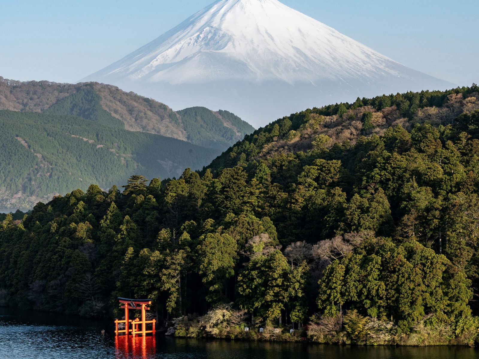 Rondreis Japan, Hakone, excursie Mountainbike tour Hakone, Hakone meer met Fuji op de achtergrond