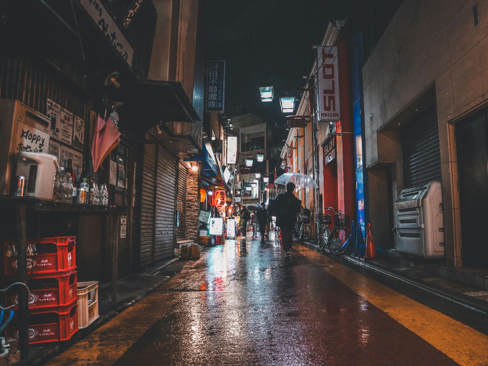 Rondreis Japan, Tokyo, excursie Tokyo foodtour, donker straatje met regen