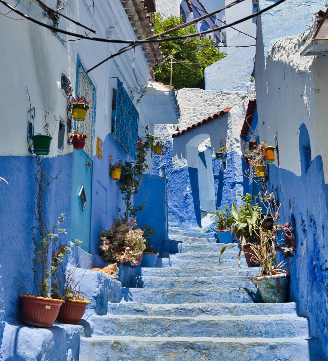 Rondreis Marokko, Chefchaouen, blauwe trap tussen huizen door