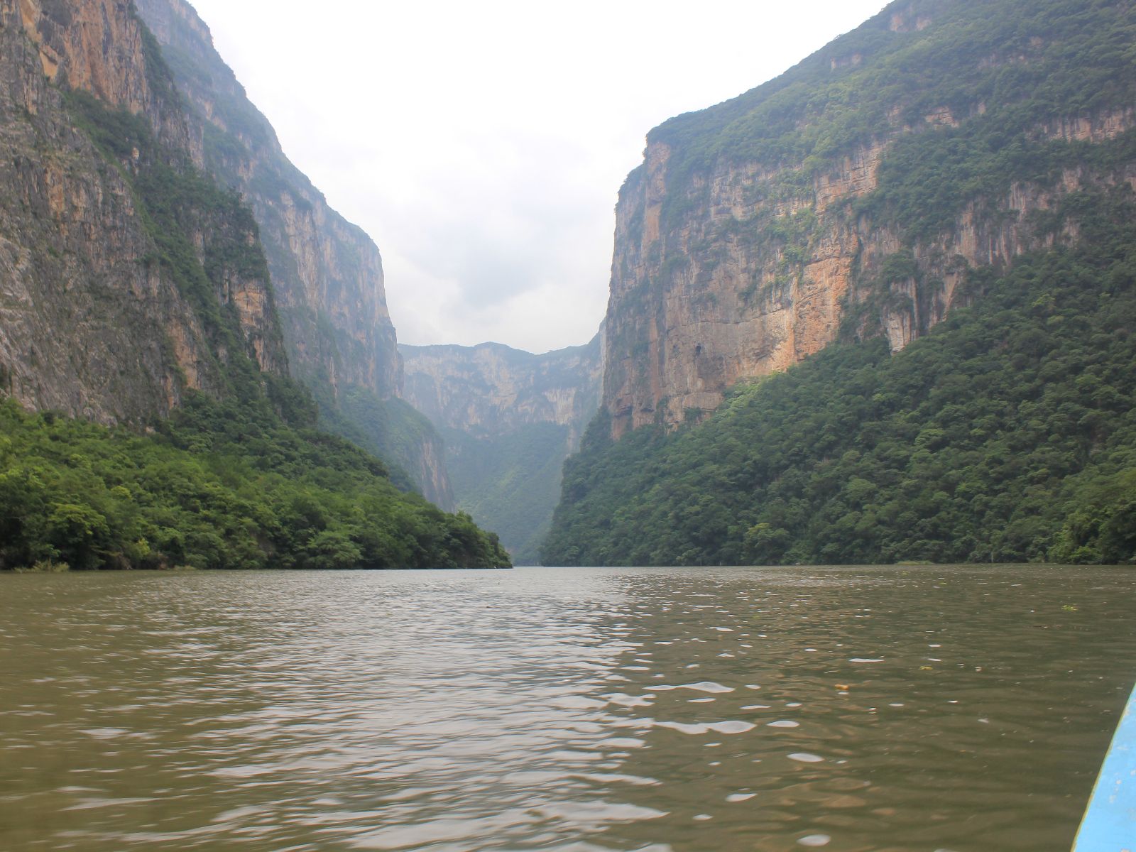 Rondreis Mexico, San Cristobal, Boottocht door de Cañón del Sumidero, hoge rotsen bij de brede rivier