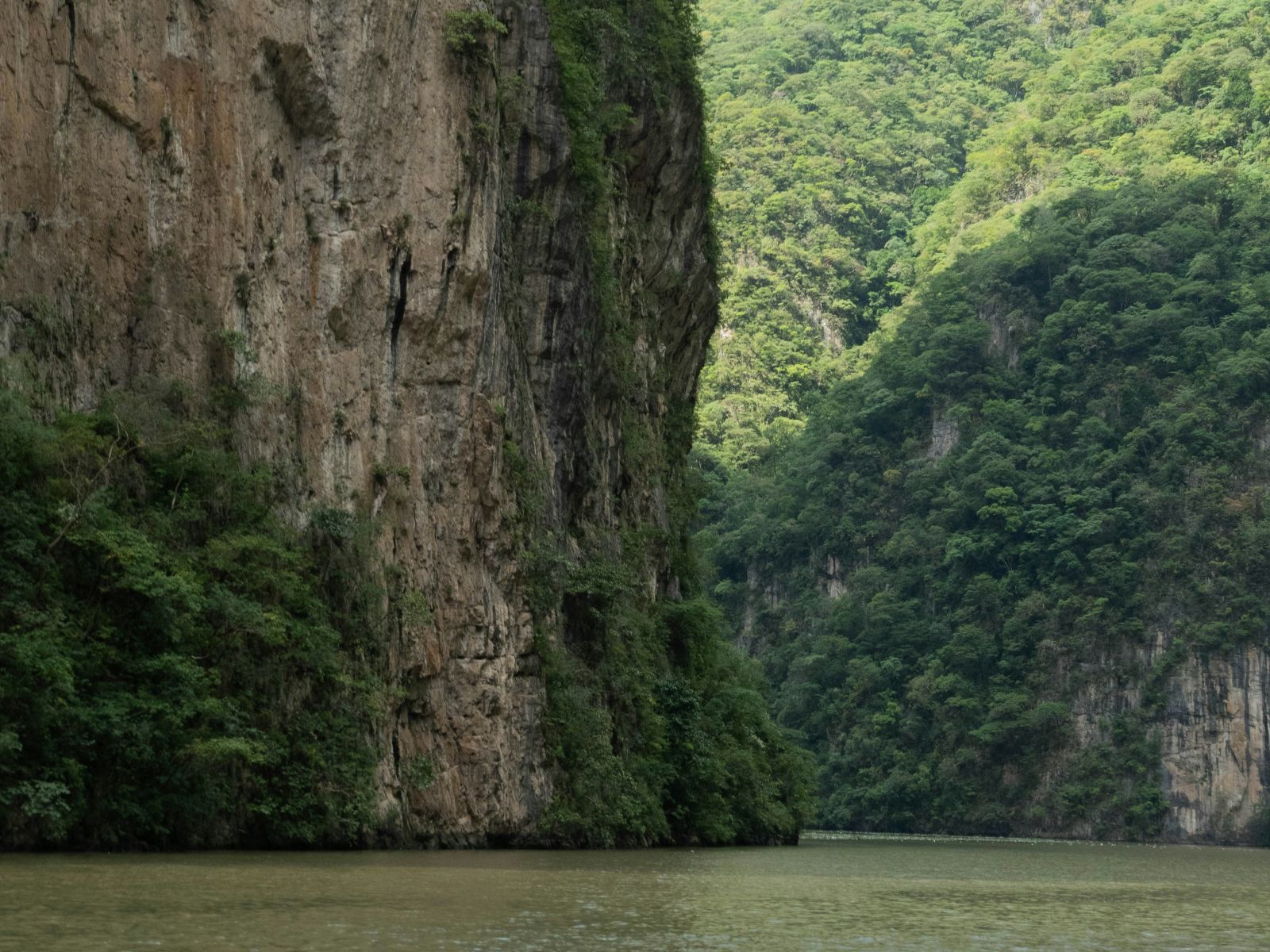 Rondreis Mexico, San Cristobal, Boottocht door de Cañón del Sumidero, hoge rotsen bij de rivier, zon schijnt op de rotsen