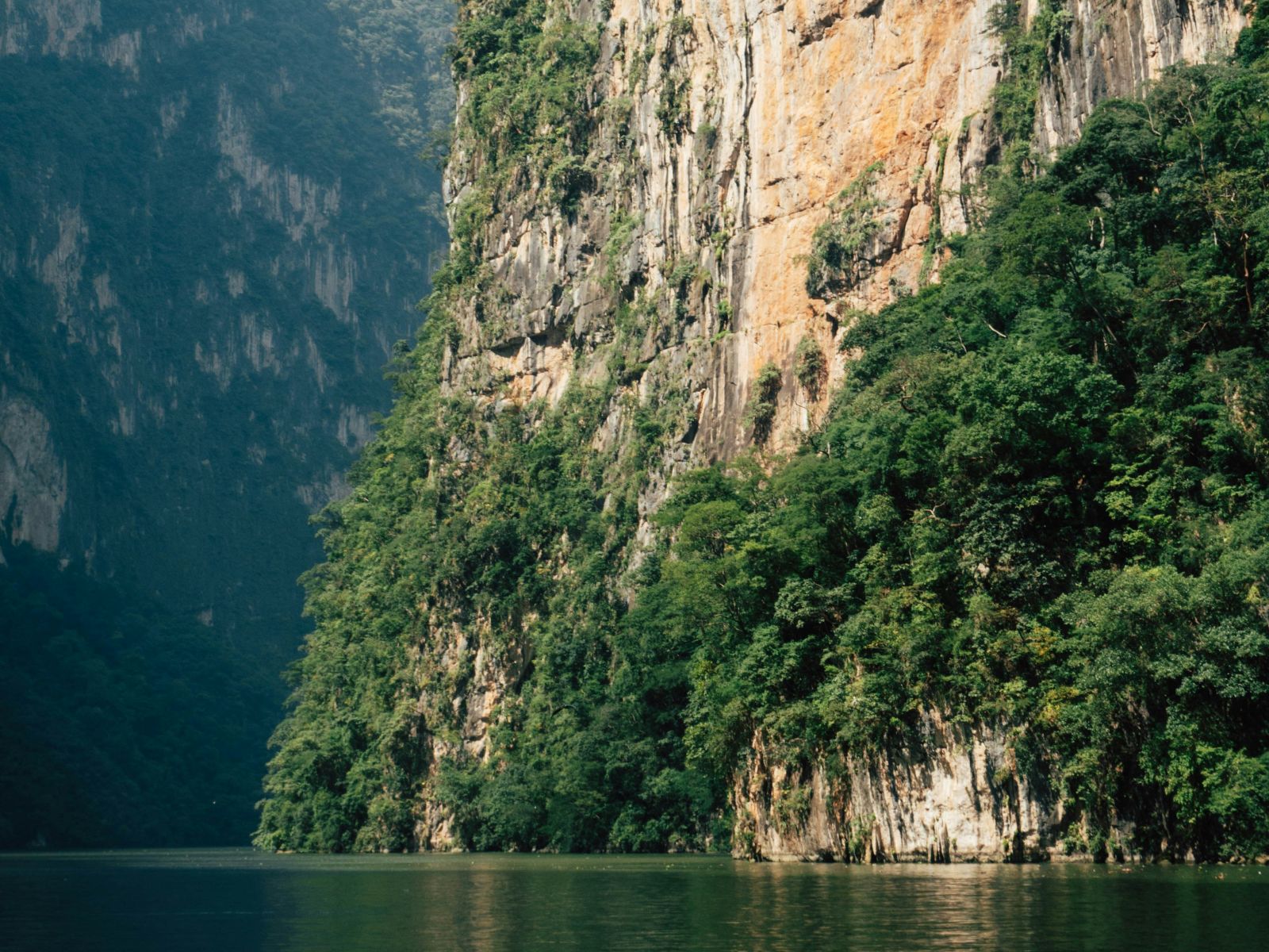 Rondreis Mexico, San Cristobal, Boottocht door de Cañón del Sumidero, hoge rotsen bij de rivier
