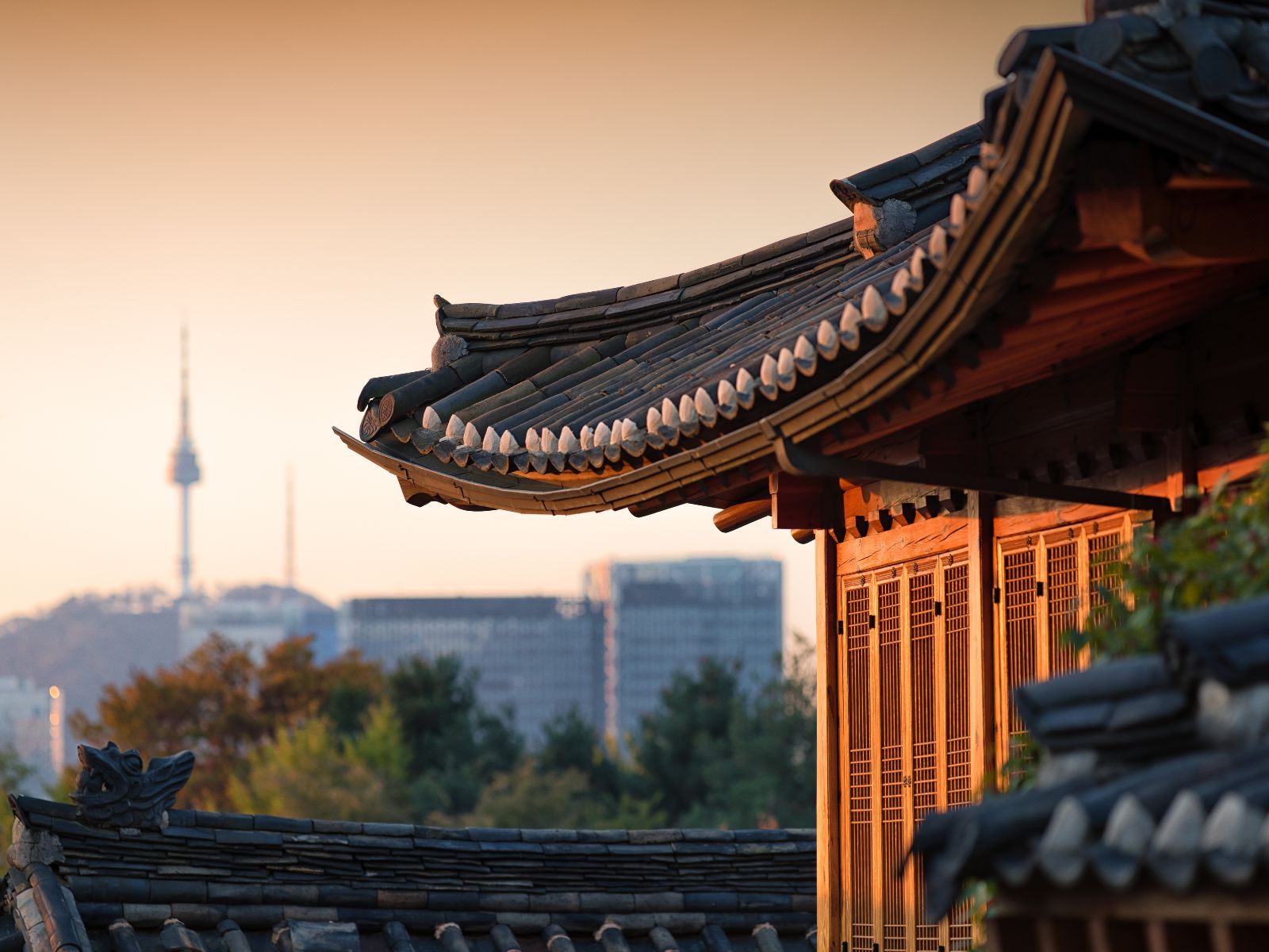 Rondreis Zuid-Korea, Seoul, Bukchon Hanok Village, uitzicht op moderne gebouwen