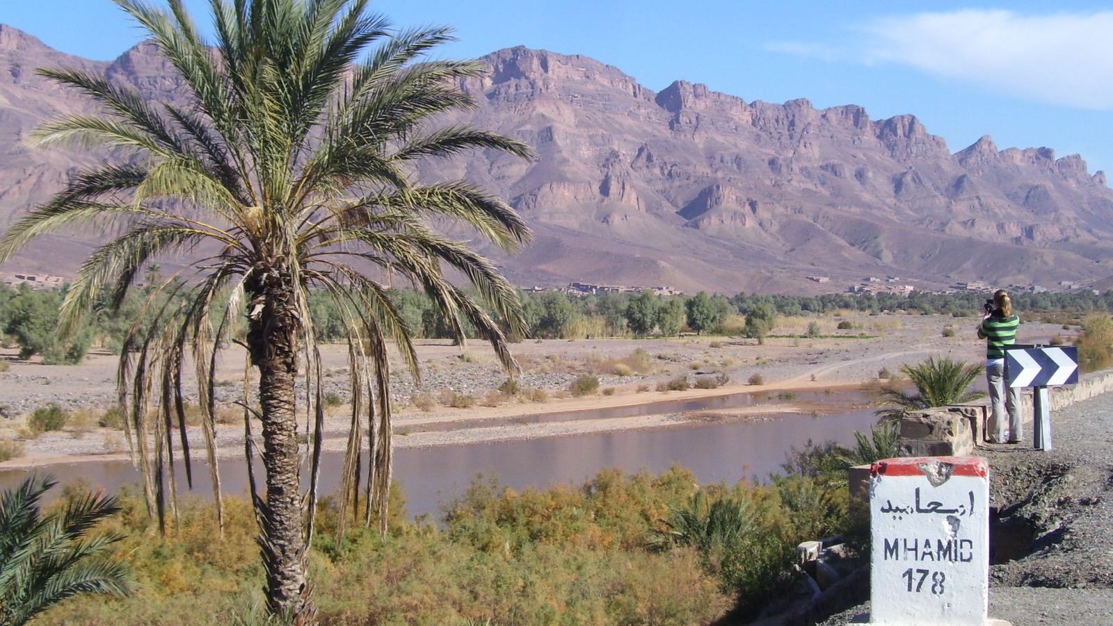 Rondreis Marokko, Agdz, gebergte met palmboom op de voorgrond en water