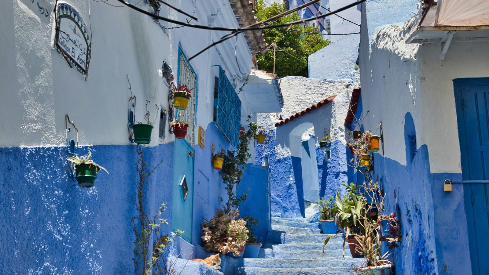 Rondreis Marokko, Chefchaouen, blauwe trap tussen huizen door