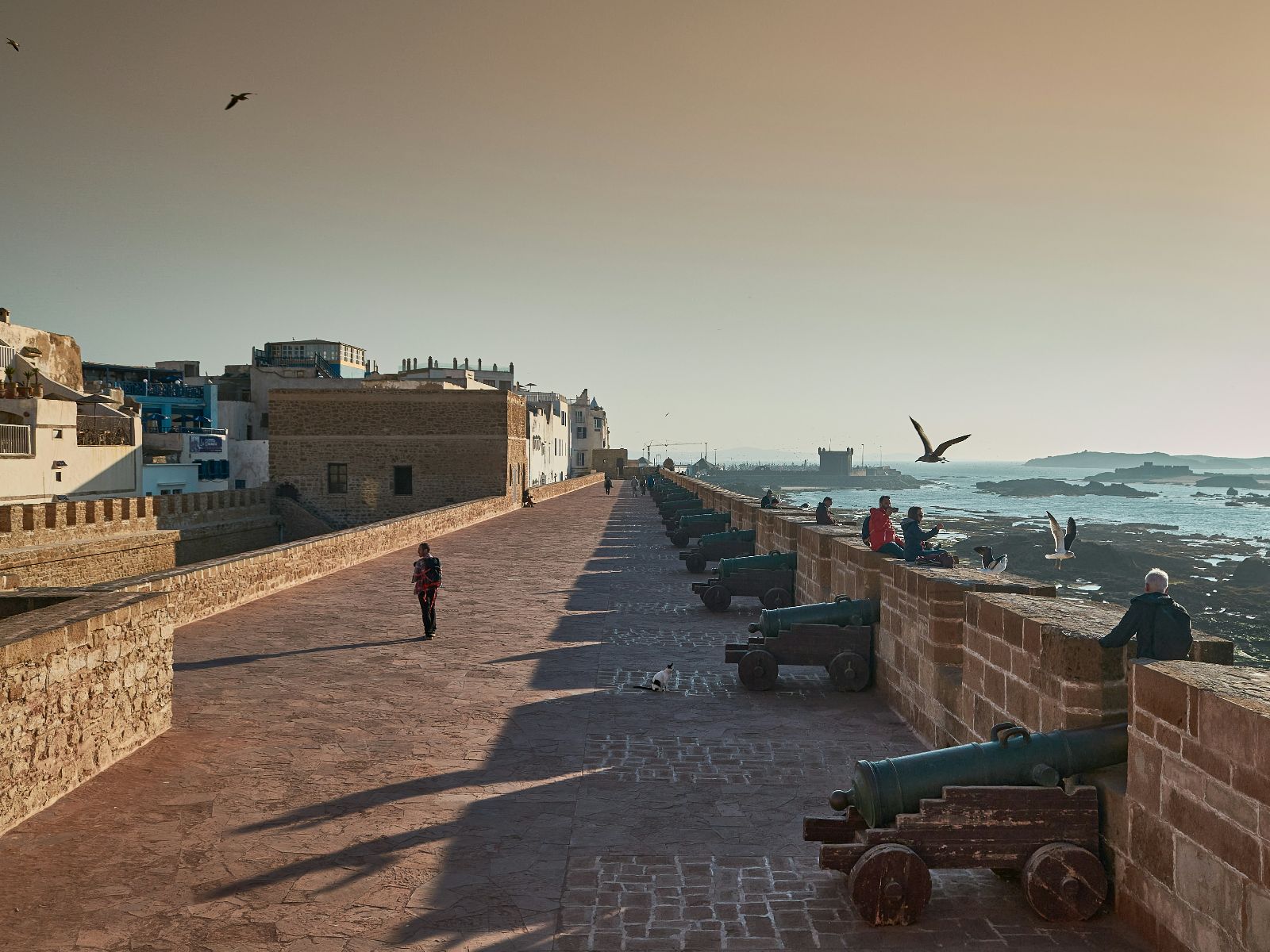 Rondreis Marokko, Essaouira, Excursie Kitesurfen, Stenen pier met kanonnen en gebouwen