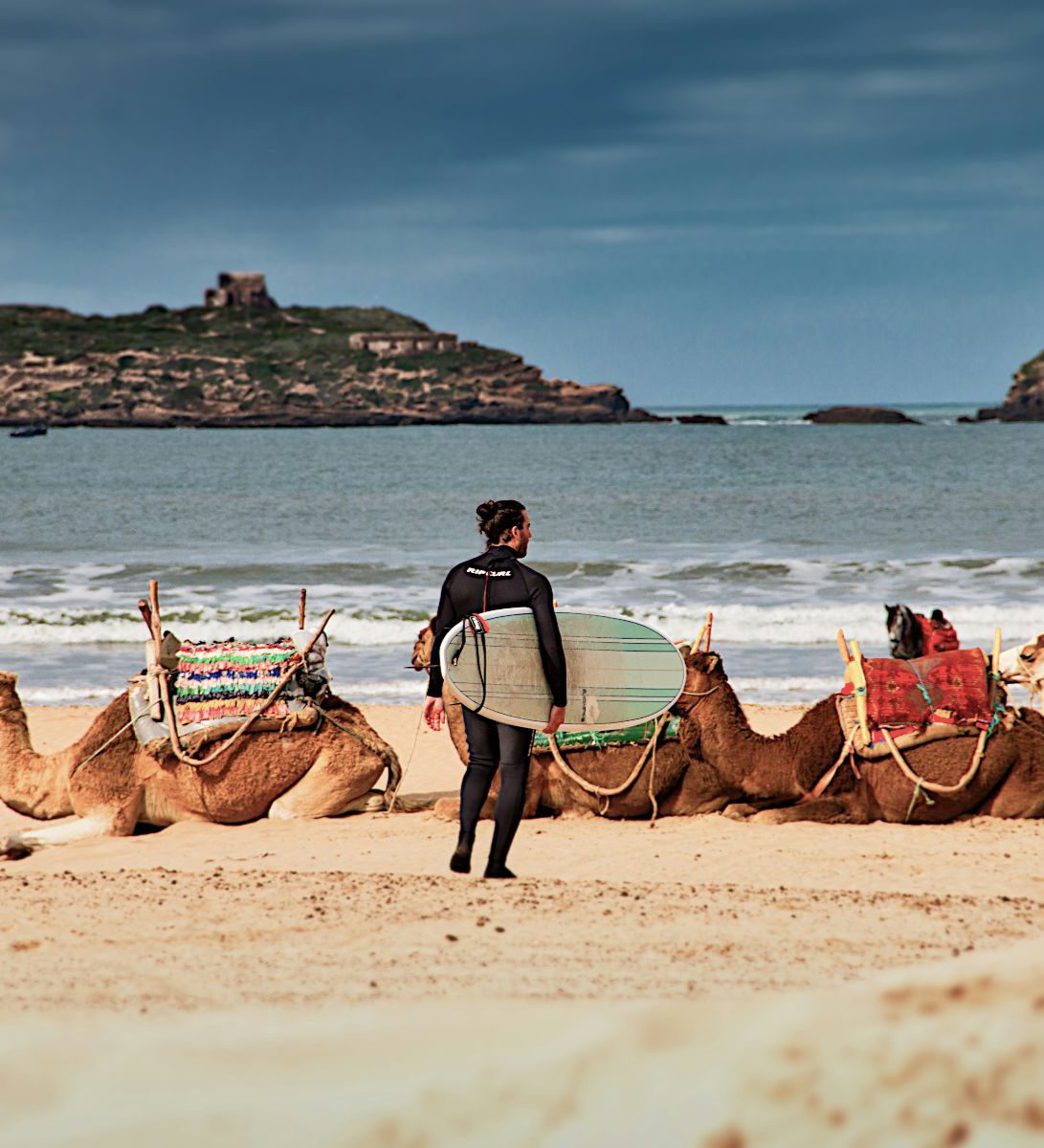 Rondreis Marokko, Essaouira, Excursie Surfen, Surfer op strand met kamelen