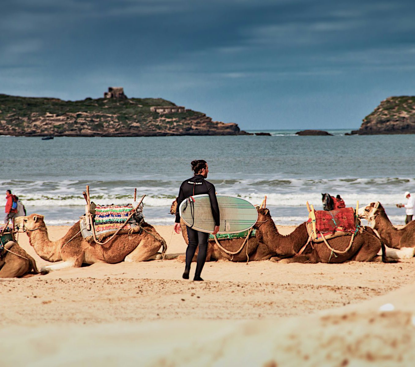 Rondreis Marokko, Essaouira, Excursie Surfen, Surfer op strand met kamelen