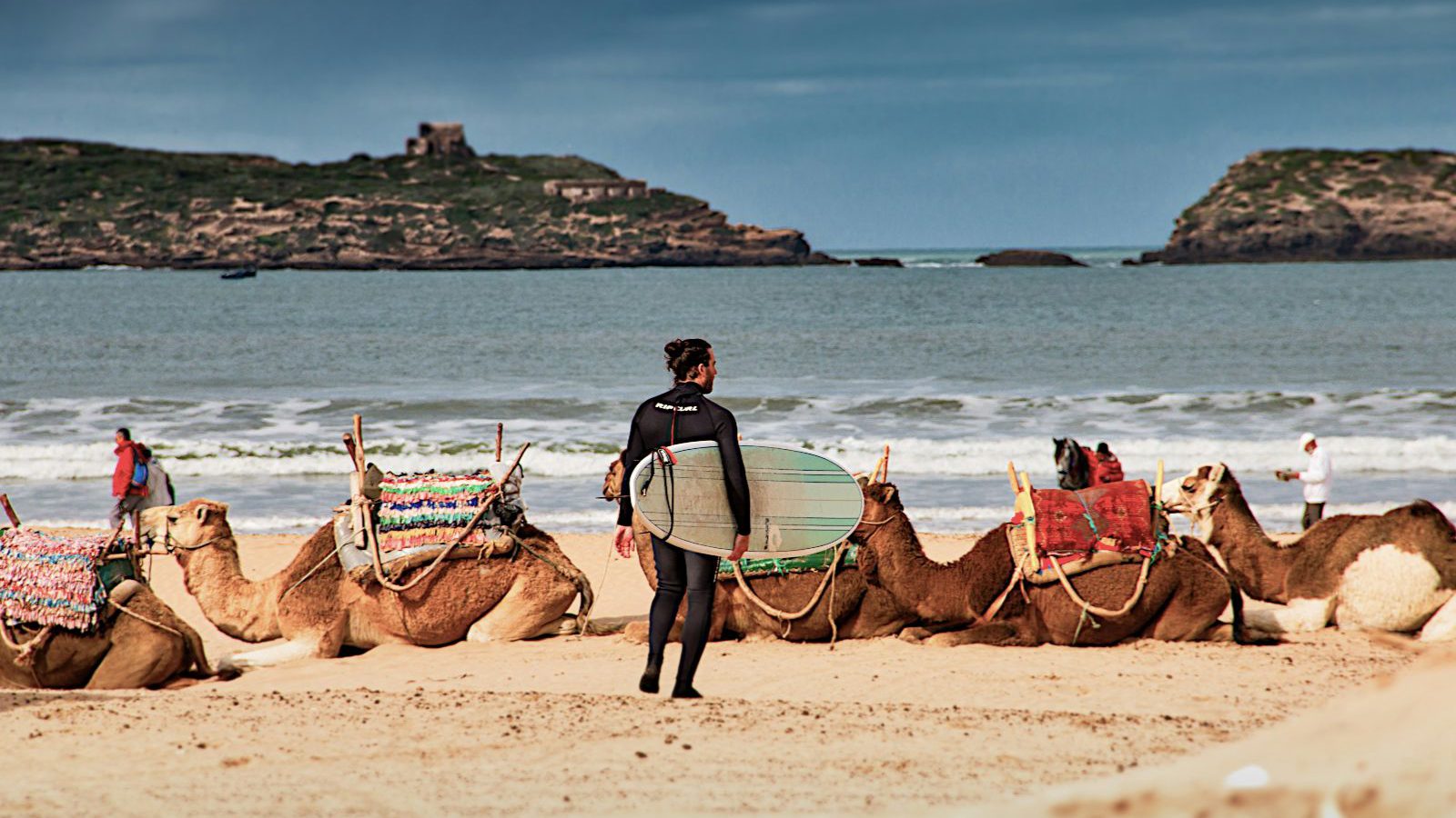 Rondreis Marokko, Essaouira, surfer en kamelen op het strand