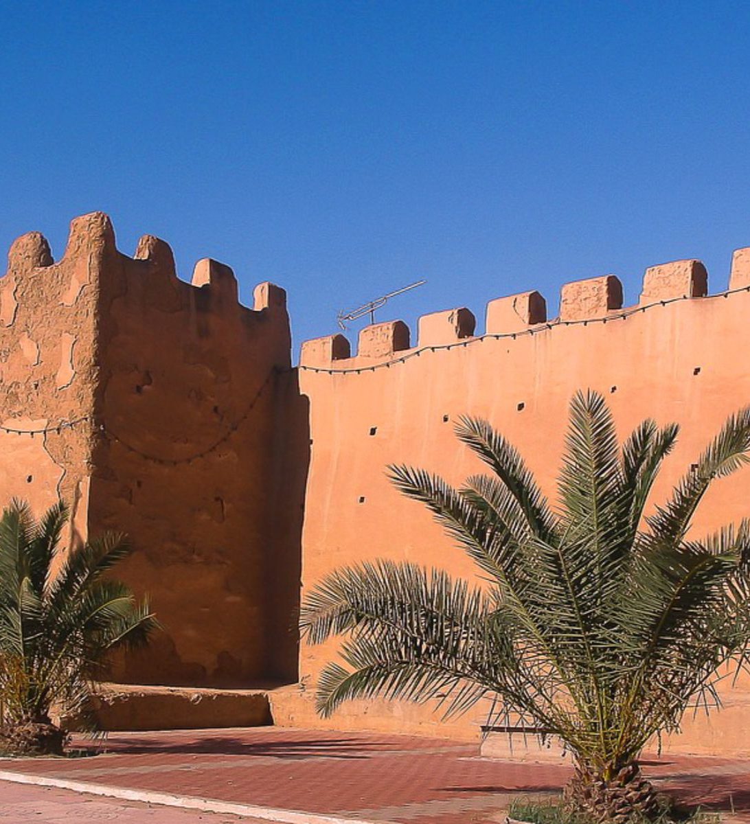 Rondreis Marokko, Taroudant, muur met palmbomen ervoor