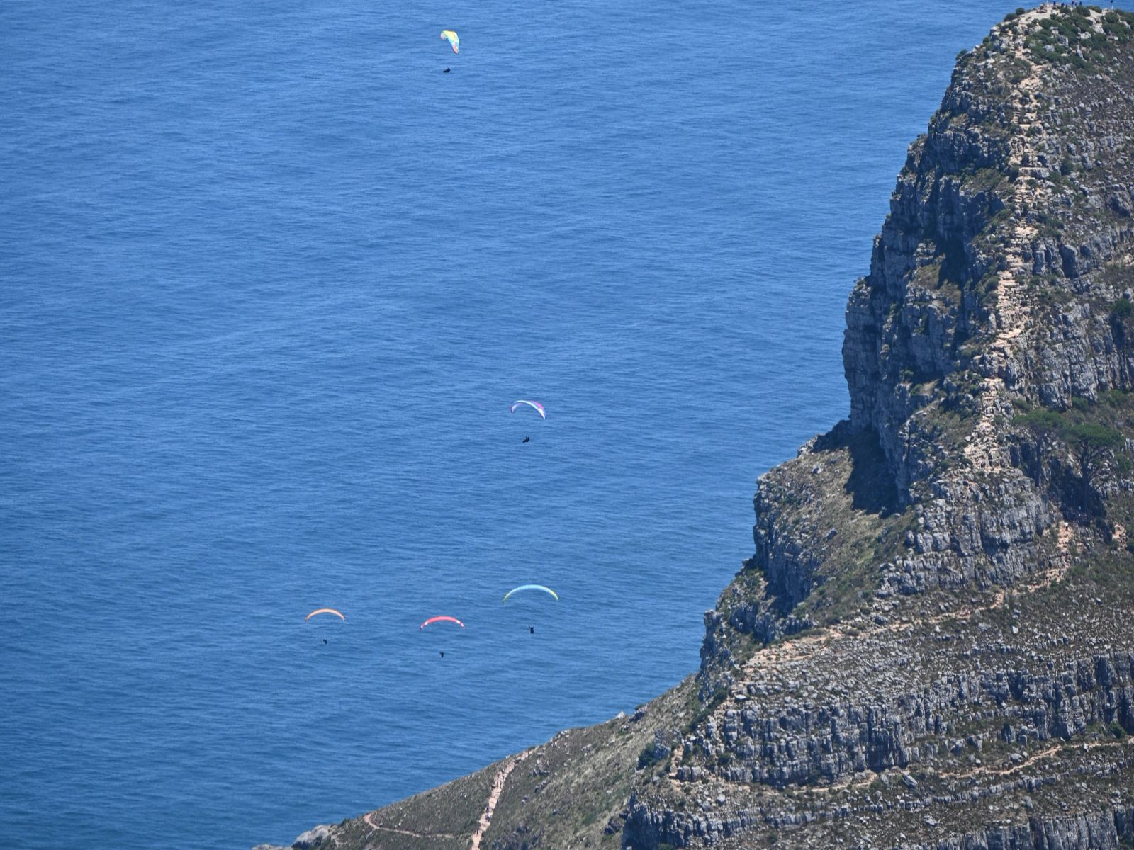 Rondreis Zuid-Afrika, excursie tandem paragliding Kaapstad, paragliders bij de berg